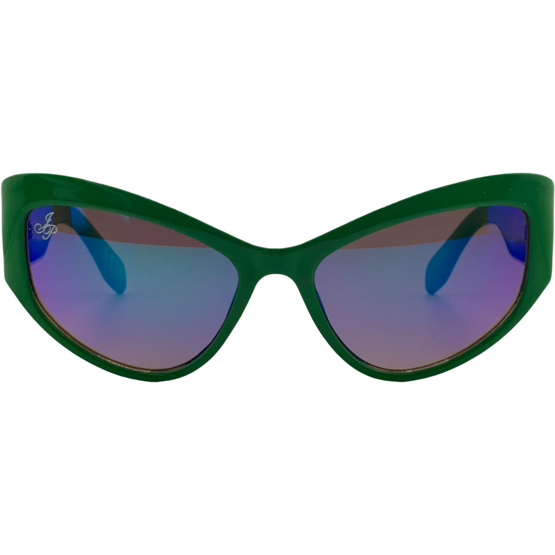GREEN CAT EYE FRAME WITH BLUE LENSES