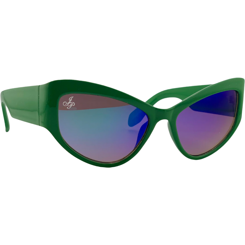 GREEN CAT EYE FRAME WITH BLUE LENSES
