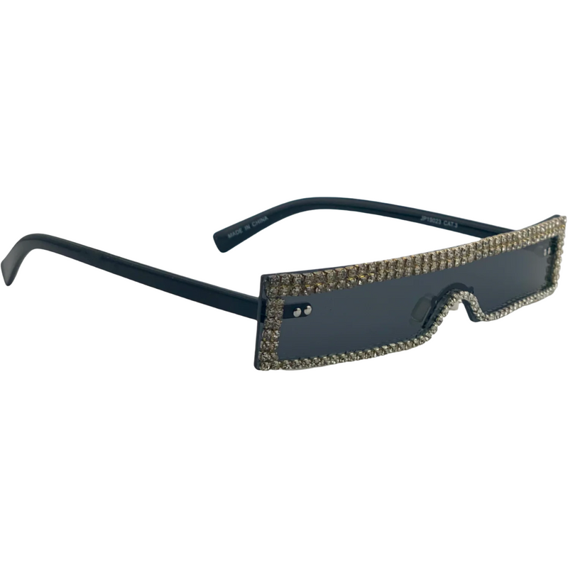 BLACK RECTANGLE FRAME WITH DIAMONTE DETAIL AND GREY LENSES