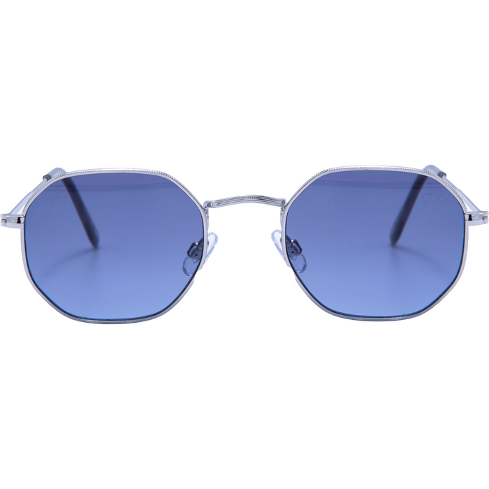 SILVER HEXAGON SHAPE FRAMES WITH BLUE LENSES