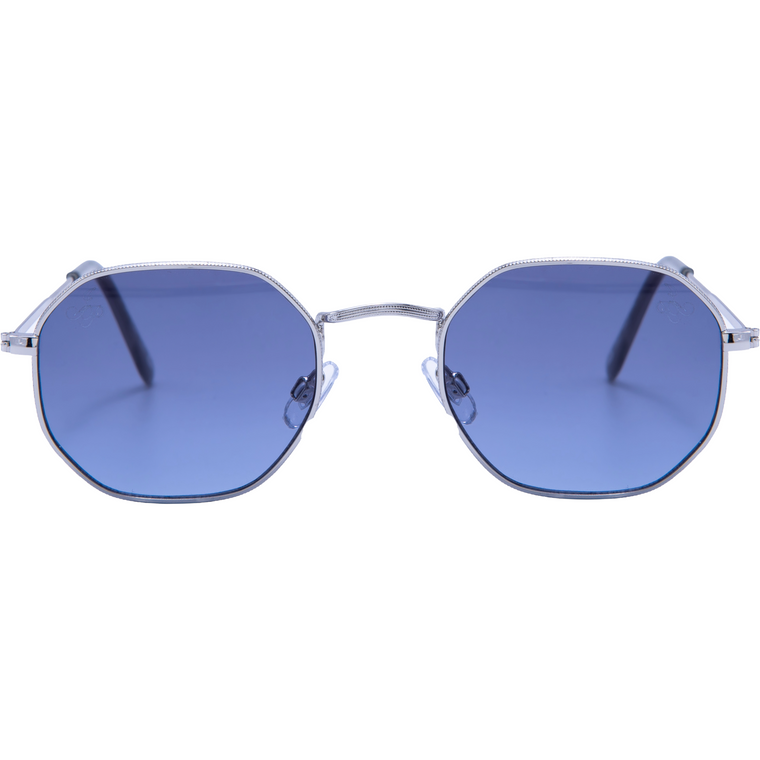 SILVER HEXAGON SHAPE FRAMES WITH BLUE LENSES