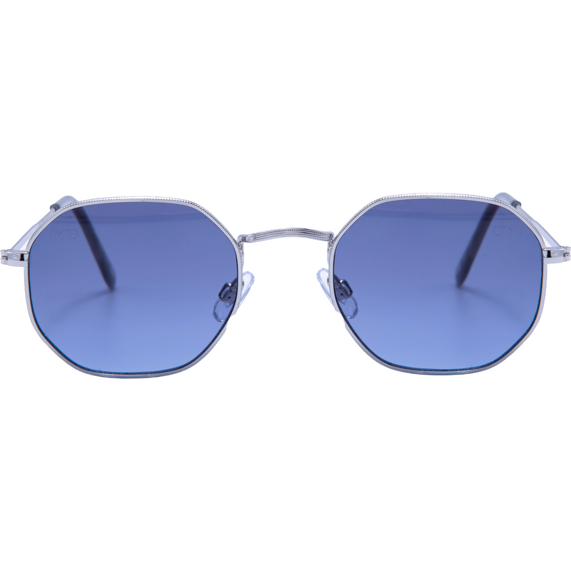 SILVER HEXAGON SHAPE FRAMES WITH BLUE LENSES