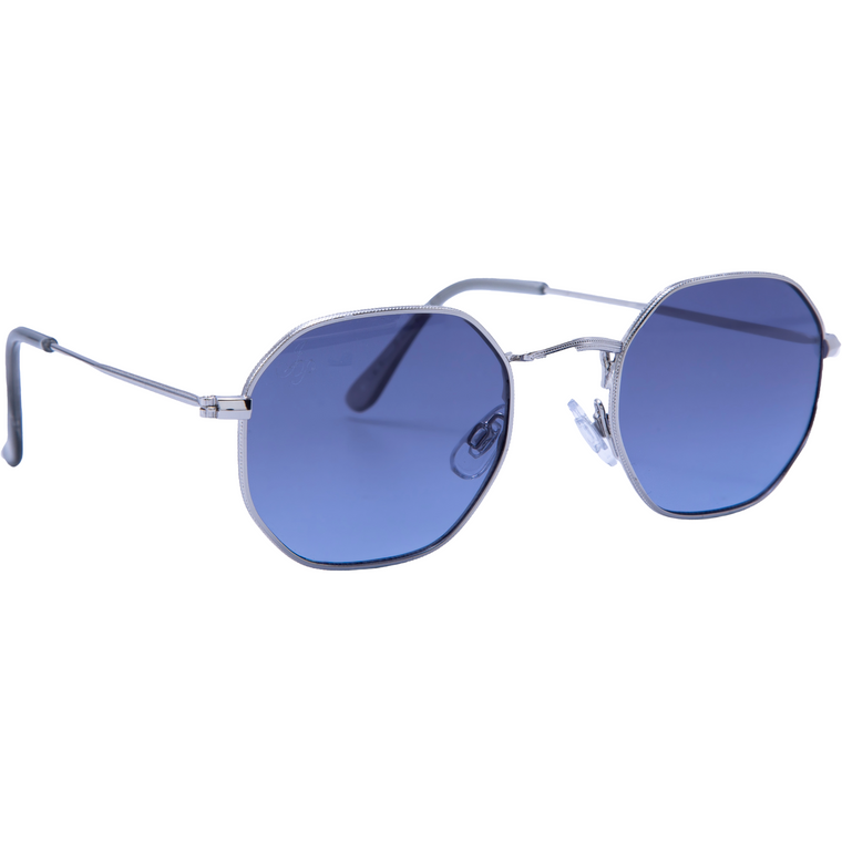 SILVER HEXAGON SHAPE FRAMES WITH BLUE LENSES