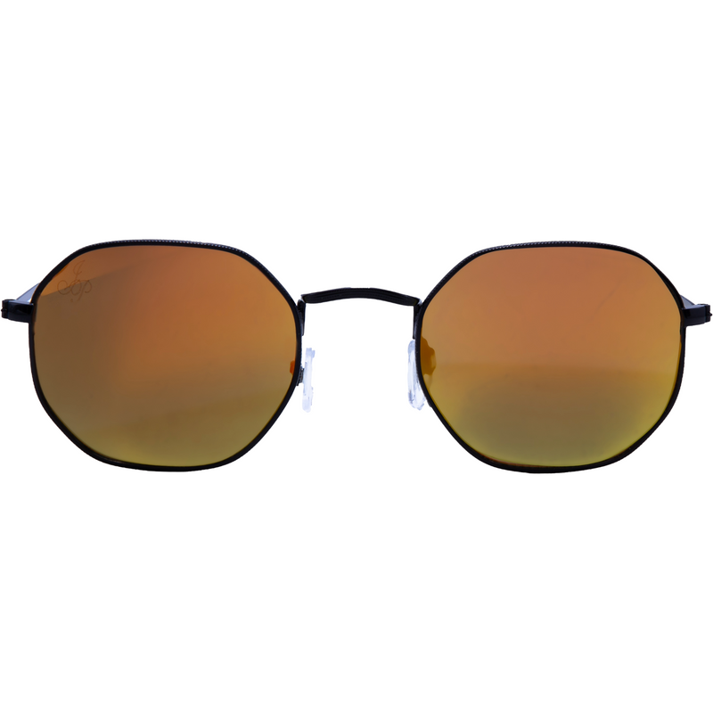 BLACK HEXAGON FRAME WITH ORANGE/GREEN MIRROR LENSES