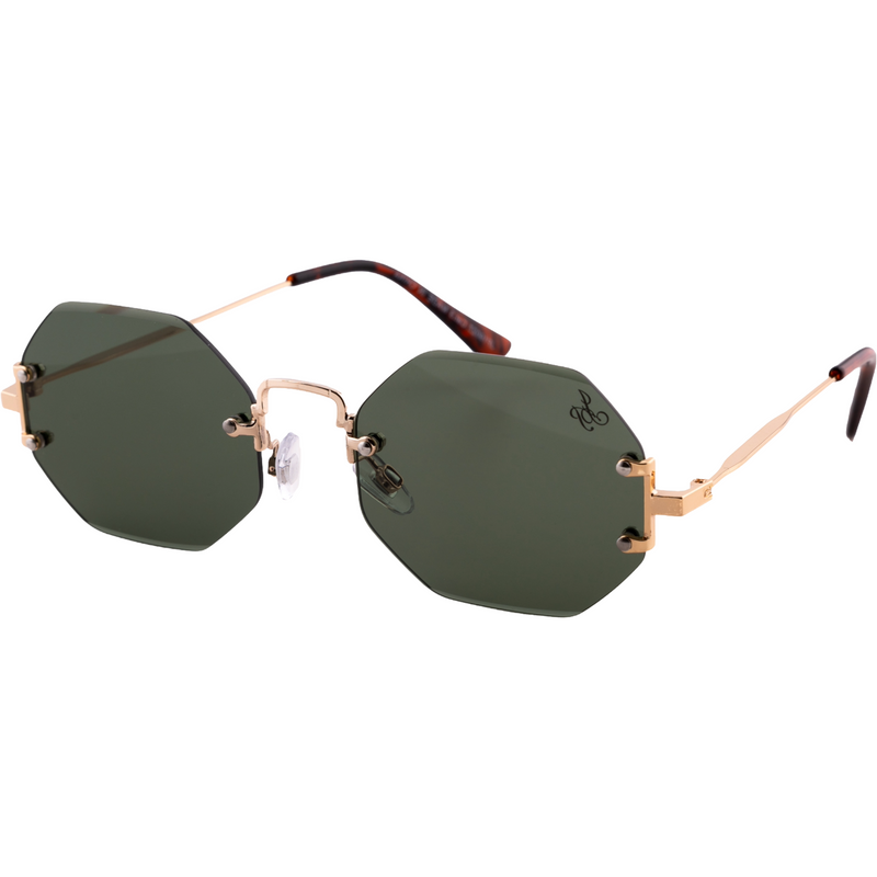 GOLD RIMLESS FRAME WITH GREEN LENSES