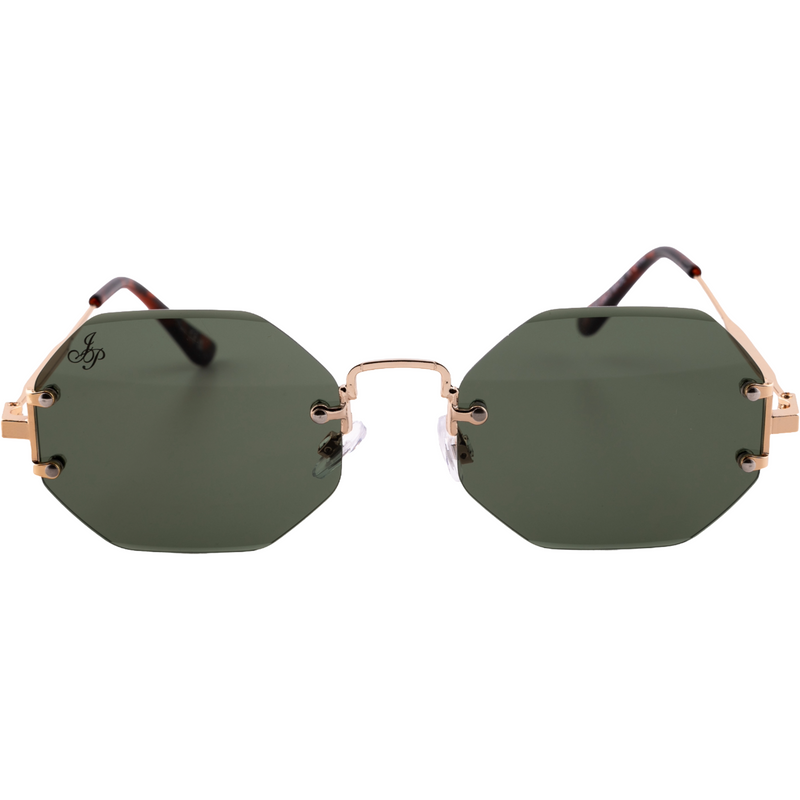GOLD RIMLESS FRAME WITH GREEN LENSES