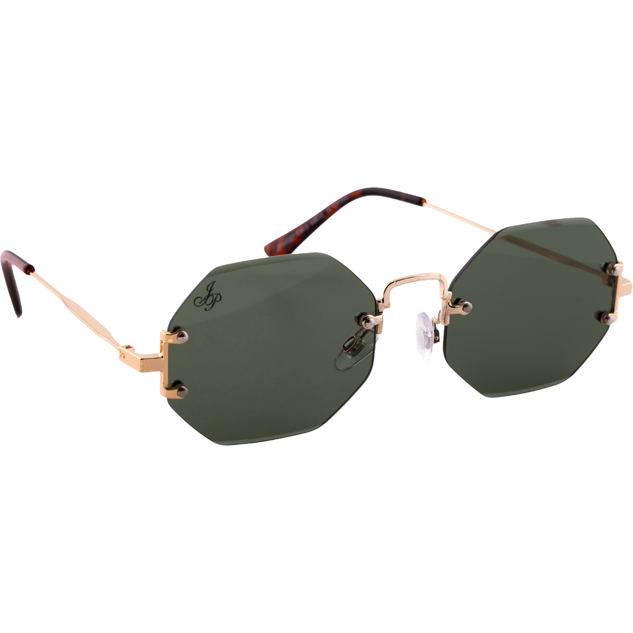 GOLD RIMLESS FRAME WITH GREEN LENSES