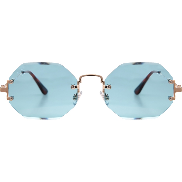 GOLD RIMLESS FRAME WITH BLUE LENSES