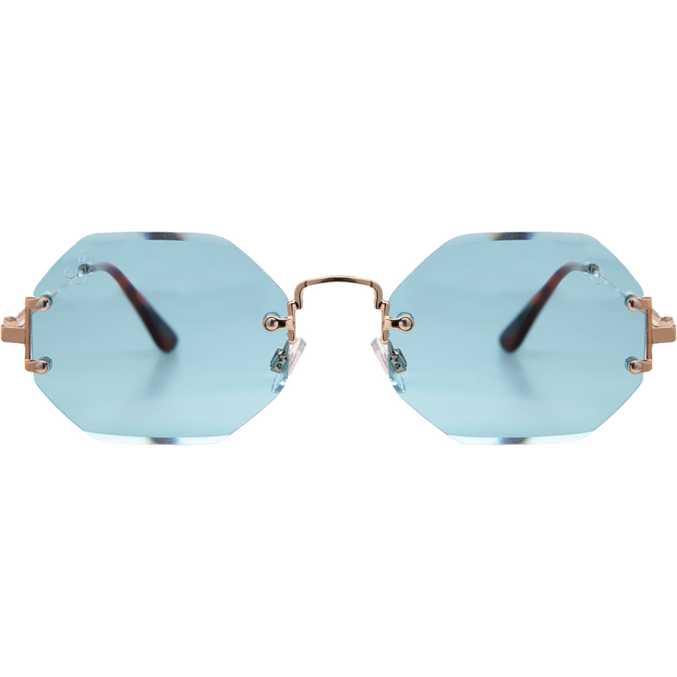 GOLD RIMLESS FRAME WITH BLUE LENSES