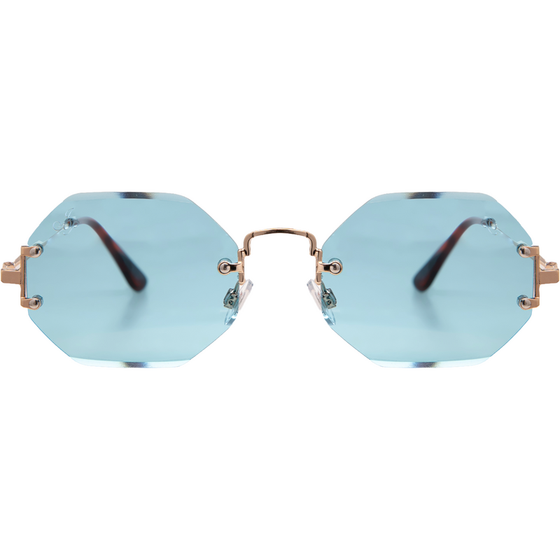GOLD RIMLESS FRAME WITH BLUE LENSES