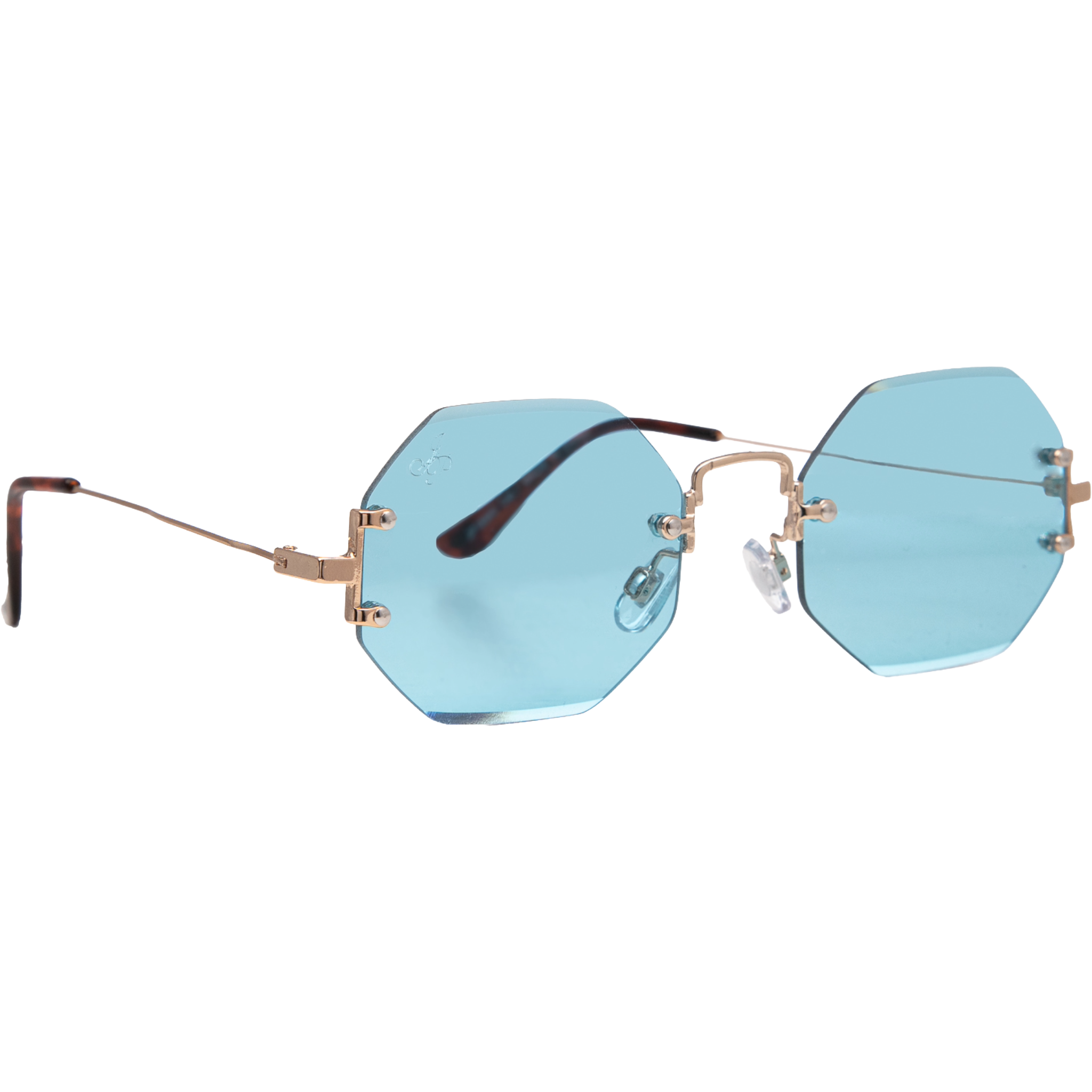 GOLD RIMLESS FRAME WITH BLUE LENSES