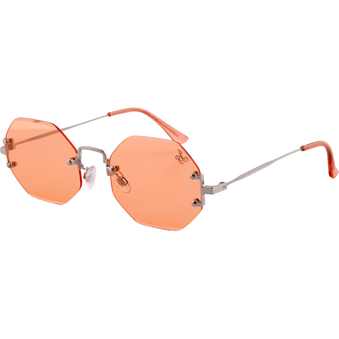 SILVER RIMLESS FRAME WITH ORANGE LENSES