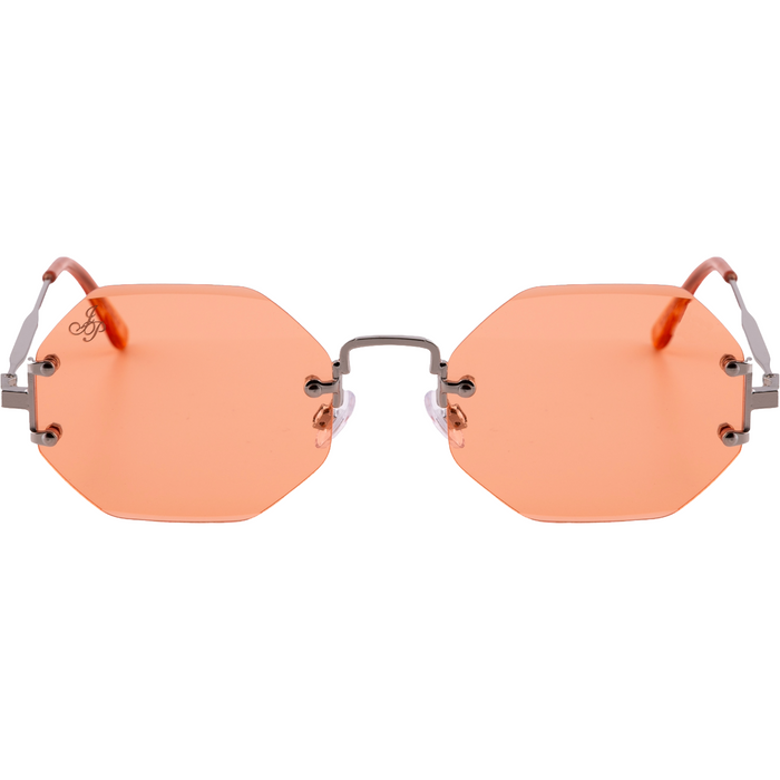 SILVER RIMLESS FRAME WITH ORANGE LENSES
