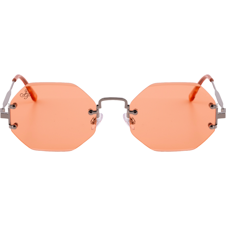 SILVER RIMLESS FRAME WITH ORANGE LENSES