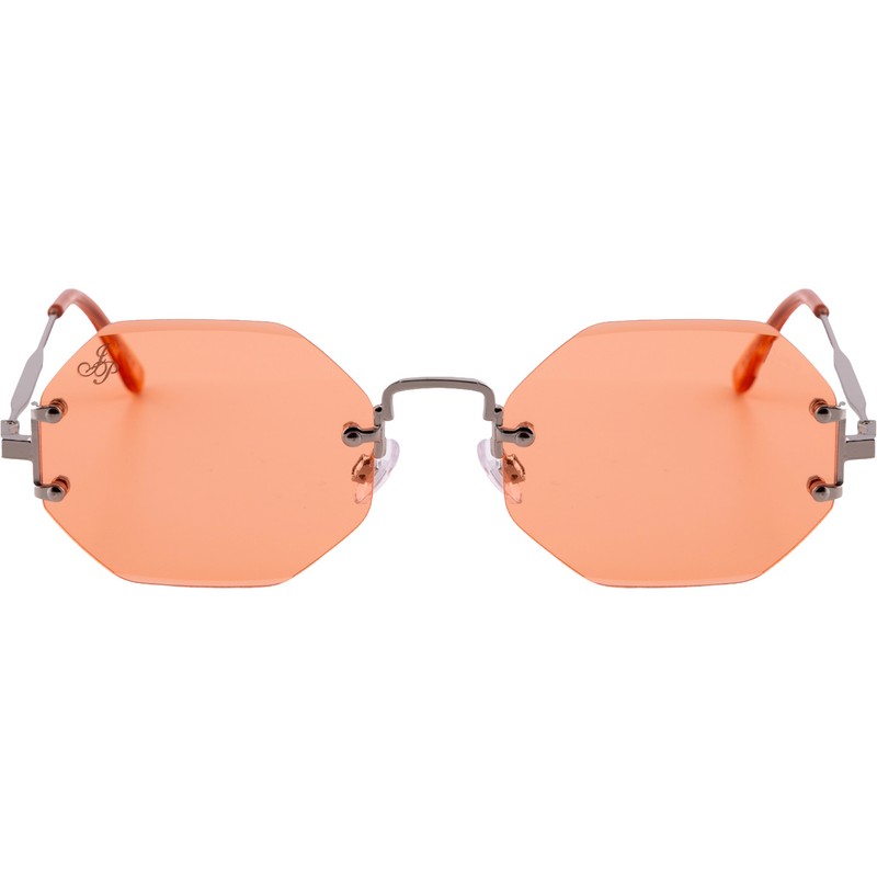 SILVER RIMLESS FRAME WITH ORANGE LENSES