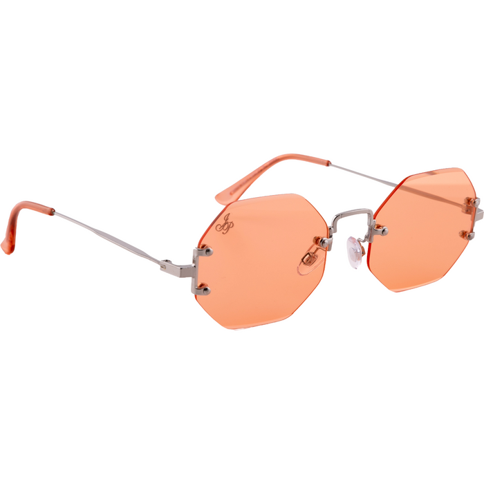 SILVER RIMLESS FRAME WITH ORANGE LENSES