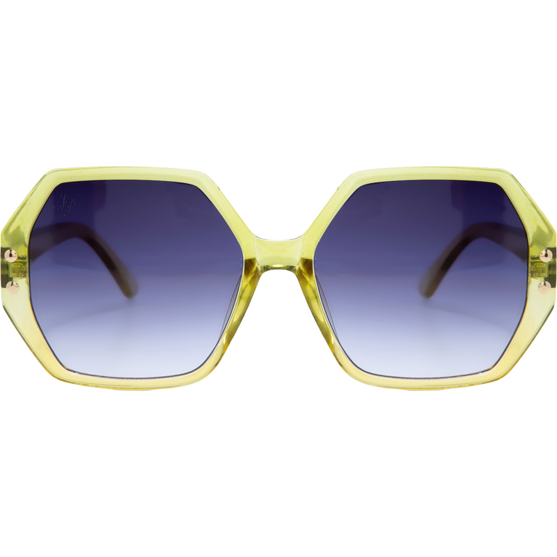 GREEN HEXAGON FRAME WITH BLUE LENSES