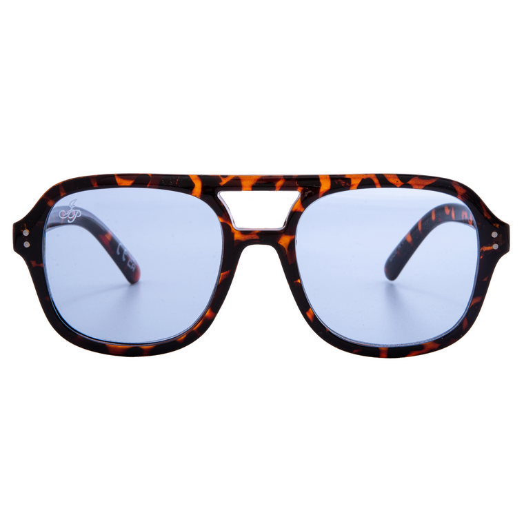 BROWN TORT AVIATOR WITH BLUE LENSES
