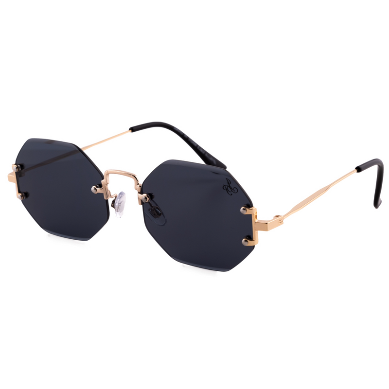 GOLD RIMLESS FRAME WITH BLACK LENSES