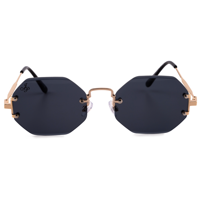GOLD RIMLESS FRAME WITH BLACK LENSES