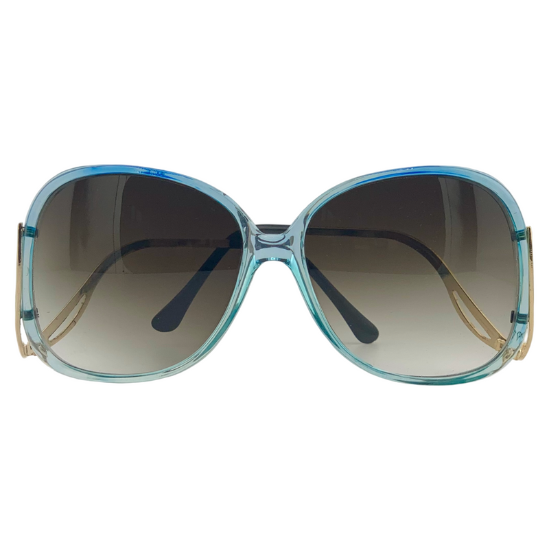 BLUE ROUND FRAME WITH GOLD TEMPLES AND BROWN GRAD LENSES