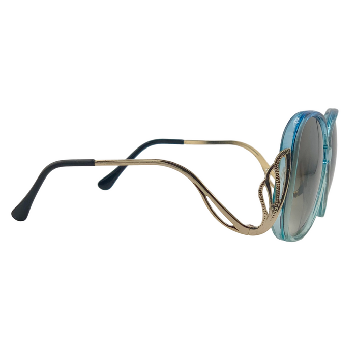 BLUE ROUND FRAME WITH GOLD TEMPLES AND BROWN GRAD LENSES