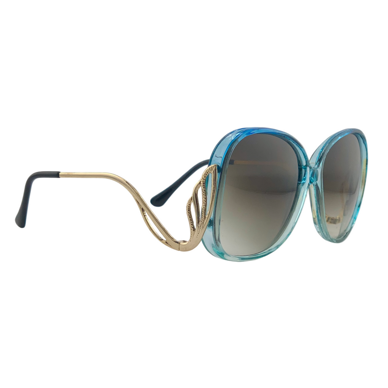 BLUE ROUND FRAME WITH GOLD TEMPLES AND BROWN GRAD LENSES