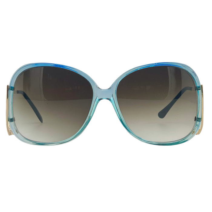 BLUE ROUND FRAME WITH GOLD TEMPLES AND BROWN GRAD LENSES