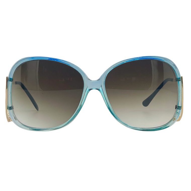 BLUE ROUND FRAME WITH GOLD TEMPLES AND BROWN GRAD LENSES