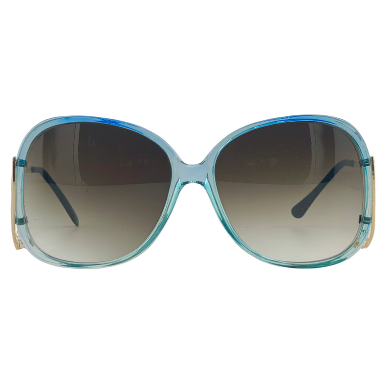 BLUE ROUND FRAME WITH GOLD TEMPLES AND BROWN GRAD LENSES