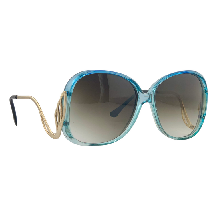 BLUE ROUND FRAME WITH GOLD TEMPLES AND BROWN GRAD LENSES