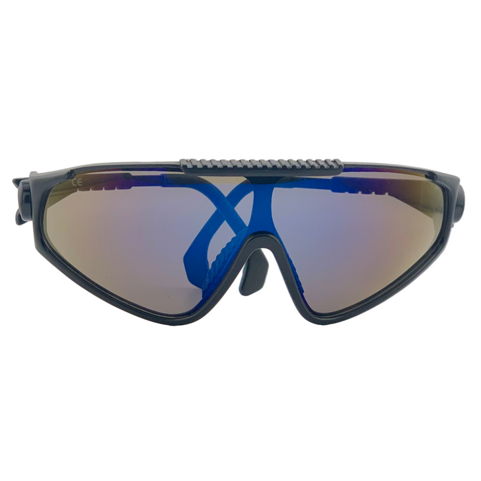 BLACK VISOR WITH BLUE REVO LENSES