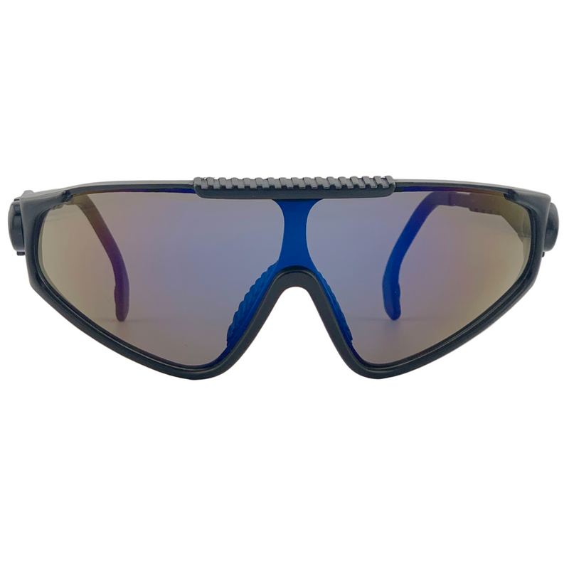 BLACK VISOR WITH BLUE REVO LENSES