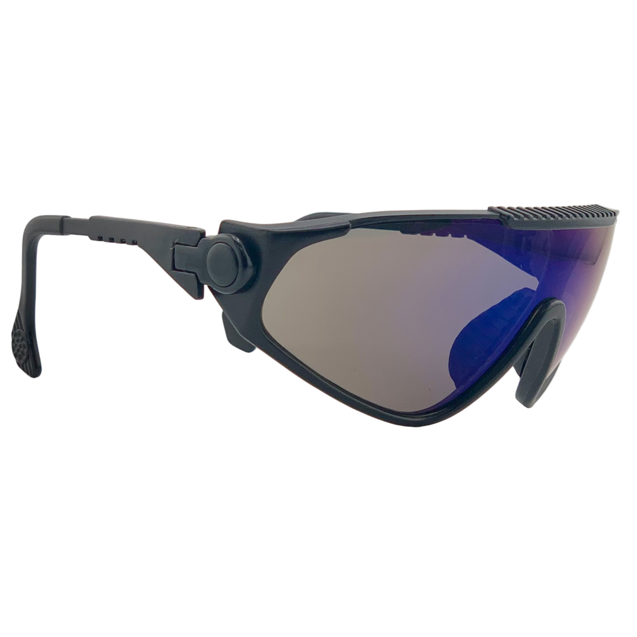 BLACK VISOR WITH BLUE REVO LENSES