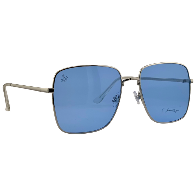 SILVER METAL SQUARE FRAME WITH BLUE LENSES