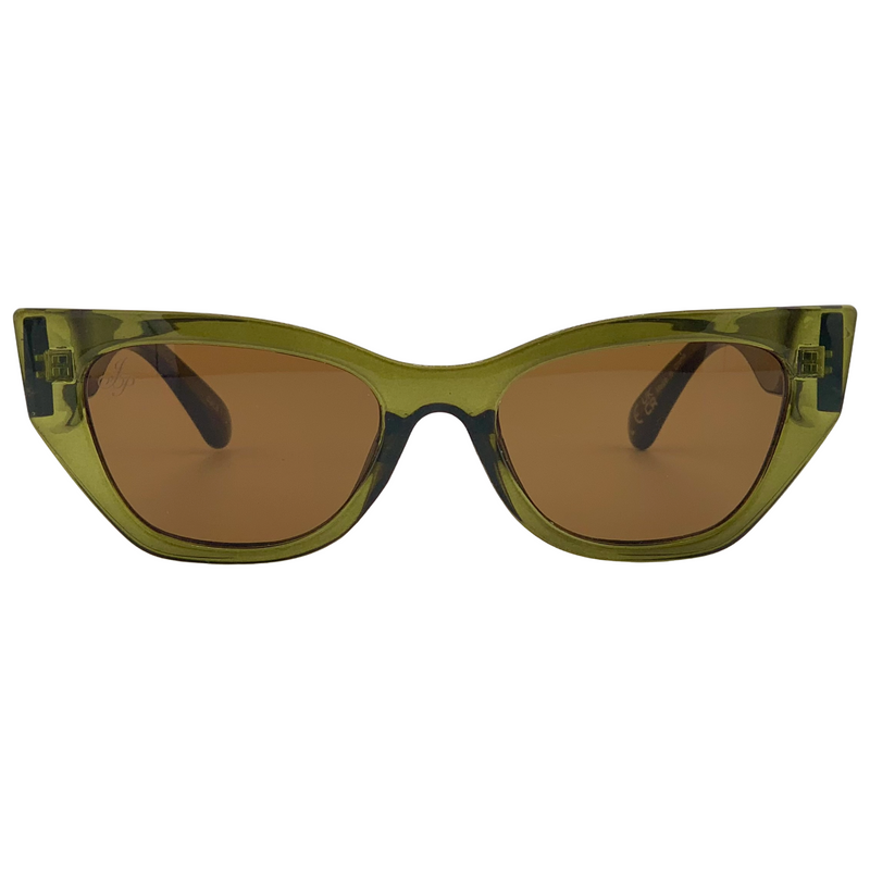 OLIVE GREEN CAT EYE FRAME WITH BROWN LENSES