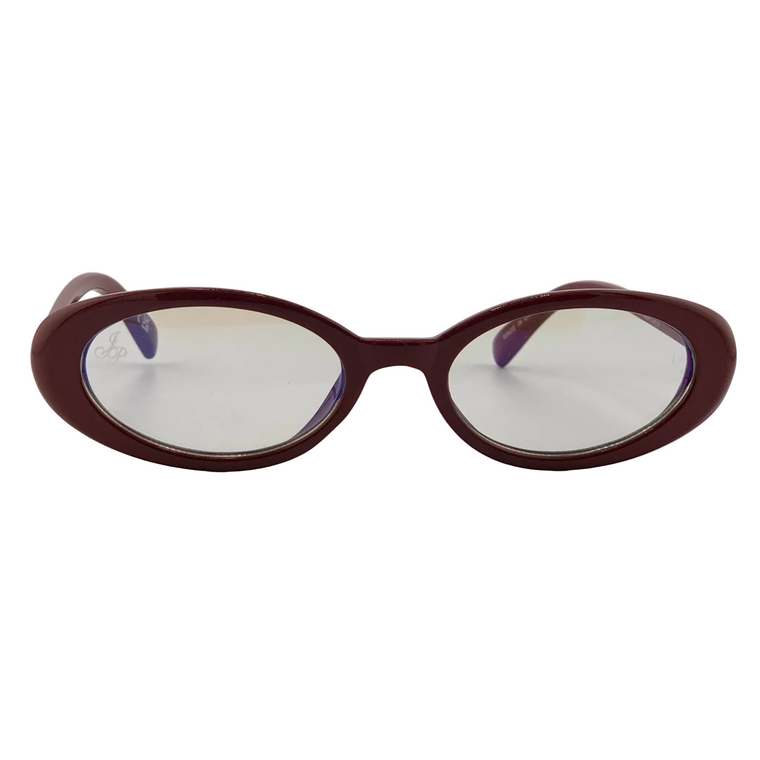 BURGUNDY OVAL FRAME WITH CLEAR BLUE LIGHT LENSES