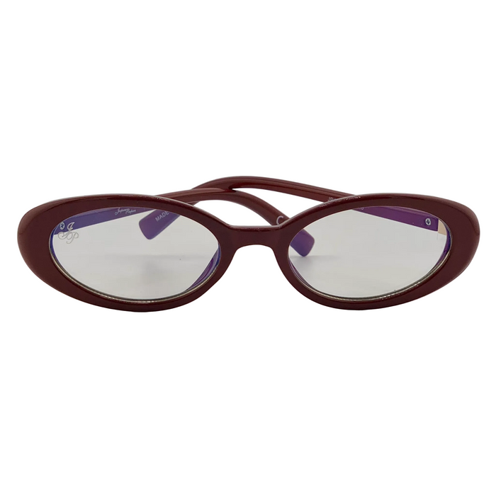 BURGUNDY OVAL FRAME WITH CLEAR BLUE LIGHT LENSES