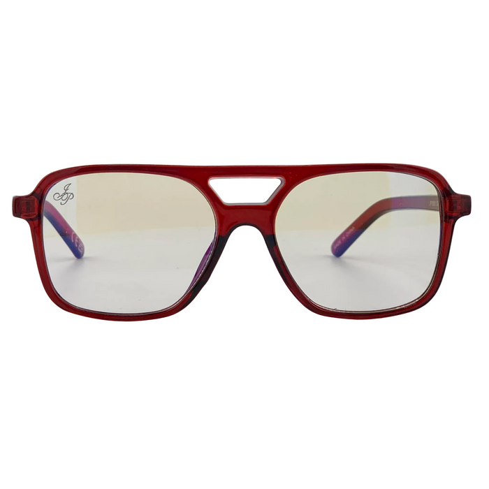 RED AVIATOR FRAME WITH CLEAR BLUE LIGHT LENSES