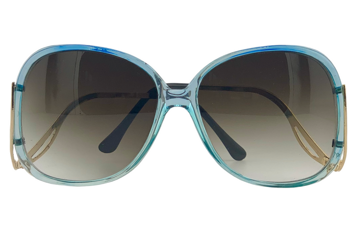 BLUE ROUND FRAME WITH GOLD TEMPLES AND BROWN GRAD LENSES