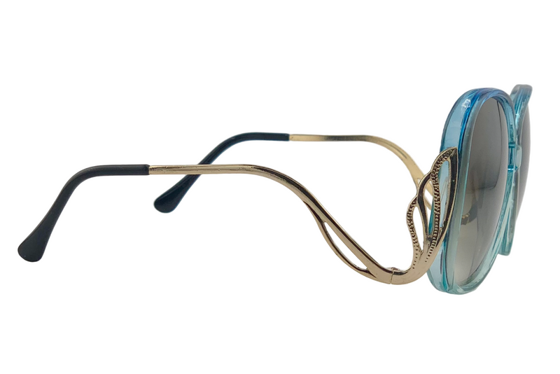 BLUE ROUND FRAME WITH GOLD TEMPLES AND BROWN GRAD LENSES