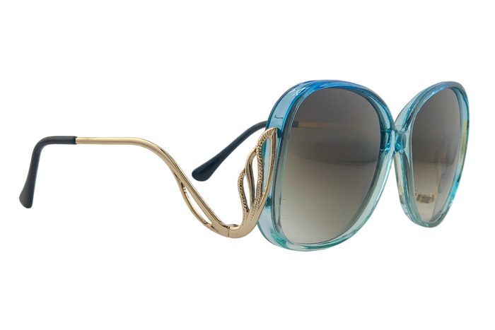 BLUE ROUND FRAME WITH GOLD TEMPLES AND BROWN GRAD LENSES