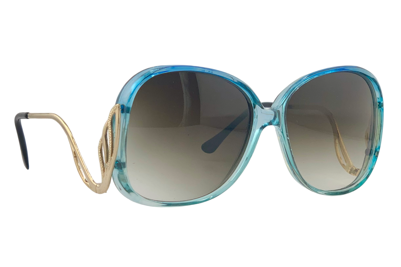 BLUE ROUND FRAME WITH GOLD TEMPLES AND BROWN GRAD LENSES