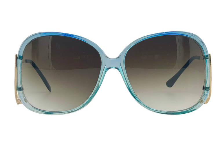 BLUE ROUND FRAME WITH GOLD TEMPLES AND BROWN GRAD LENSES