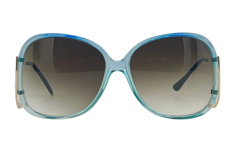 BLUE ROUND FRAME WITH GOLD TEMPLES AND BROWN GRAD LENSES