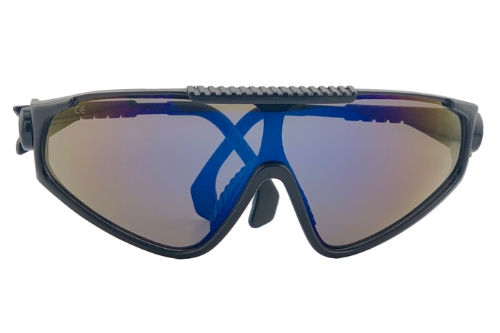 BLACK VISOR WITH BLUE REVO LENSES