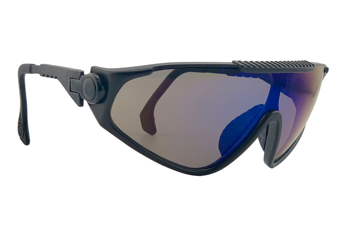 BLACK VISOR WITH BLUE REVO LENSES