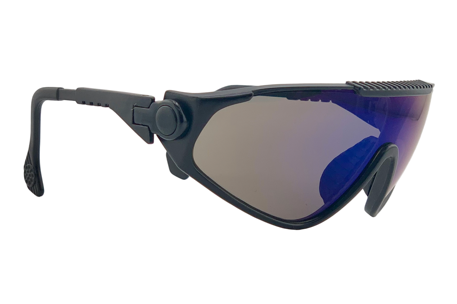 BLACK VISOR WITH BLUE REVO LENSES