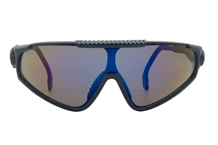 BLACK VISOR WITH BLUE REVO LENSES