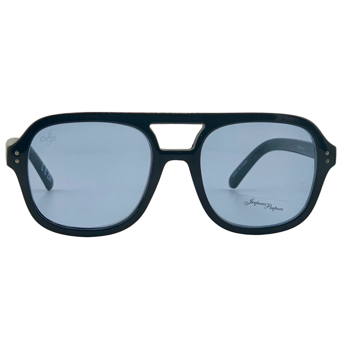 BLACK AVIATOR FRAME WITH BLUE LENSES